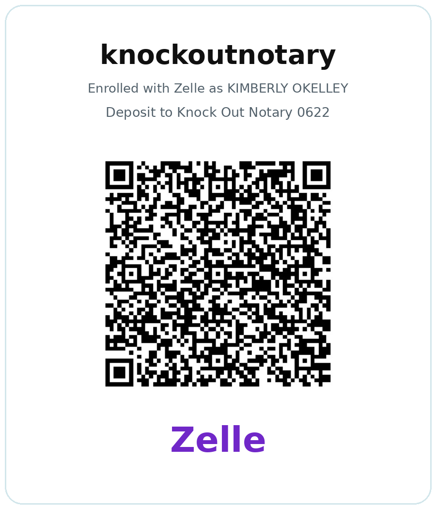 Original Knock Out Notary Zelle payment QR code, including payment account information